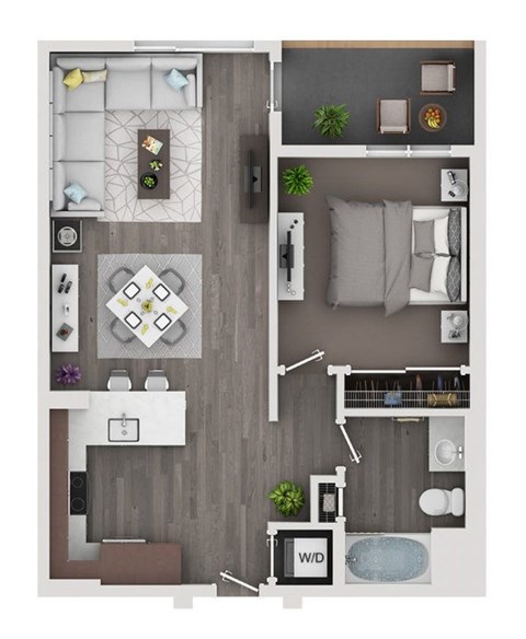 Floor plan for 1 bed, 1 bath, 725 sqft