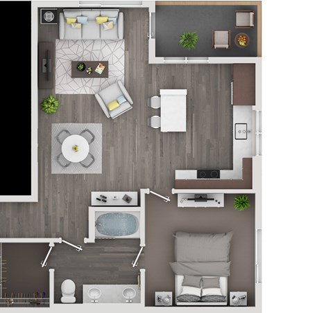 Floor plan for 1 bed, 1 bath, 884 sqft