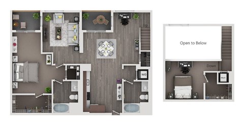 Floor plan for 1 bed, 2 baths, 1398 sqft