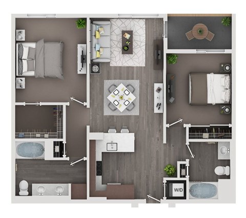 Floor plan for 2 beds, 2 baths, 1121 sqft