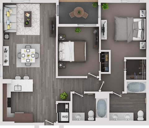 Floor plan for 2 beds, 2 baths, 1129 sqft