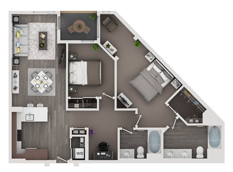 Floor plan for 2 beds, 2 baths, 1136 sqft