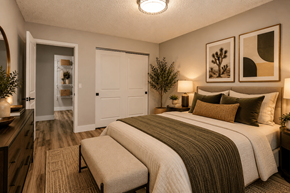 Las Vegas apartment for rent - Fusion Las Vegas bedroom with a bed, bench, and two framed artworks on the wall, a bed, and a closet with white doors.