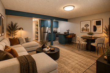 Las Vegas apartment for rent - A modern living room with a grey sofa and a coffee table.