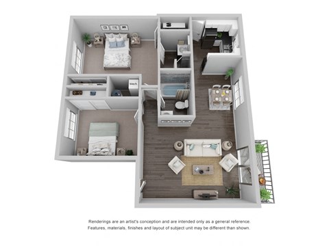 Floor plan for 2 beds, 2 baths, 1000 sqft