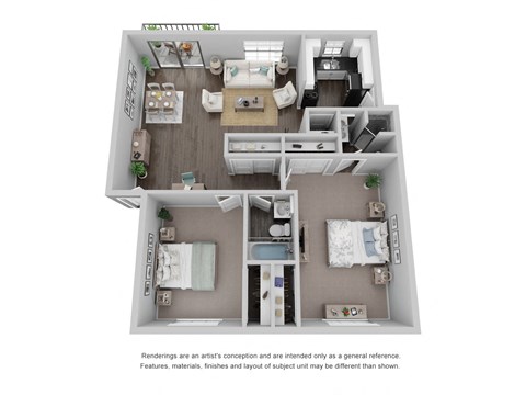 Floor plan for 2 beds, 2 baths, 1000 sqft