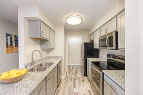 Lexington apartment for rent - A kitchen equipped with stainless steel appliances, granite countertops, and hardwood-style flooring.