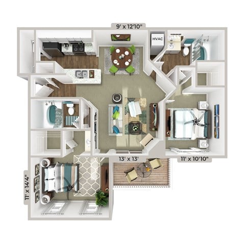 Floor plan for 2 beds, 2 baths, 1050 sqft