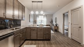 Cincinnati apartment for rent - The modern kitchen design features dark wood cabinets and a practical stainless steel sink with a gooseneck faucet.