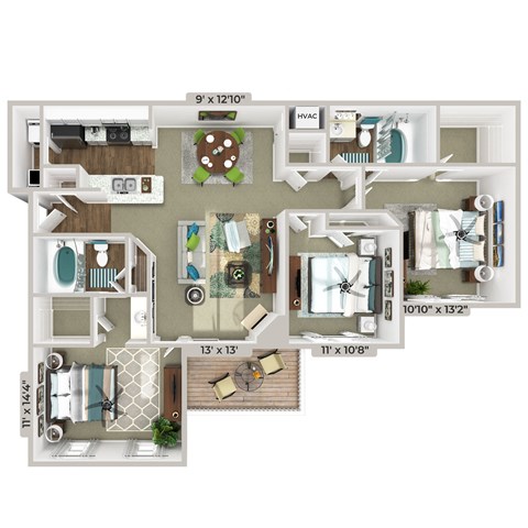 Floor plan for 3 beds, 2 baths, 1200 sqft