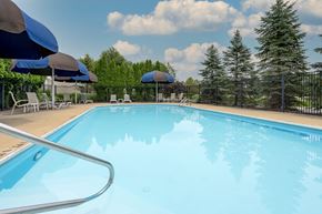 Blacklick townhouse for rent - A large swimming pool surrounded by trees and umbrellas.