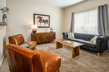 Etna apartment for rent - A living room with a brown leather chair and a black couch.