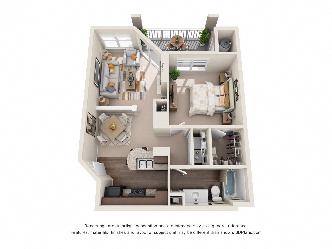 Floor plan for 1 bed, 1 bath, 805 sqft