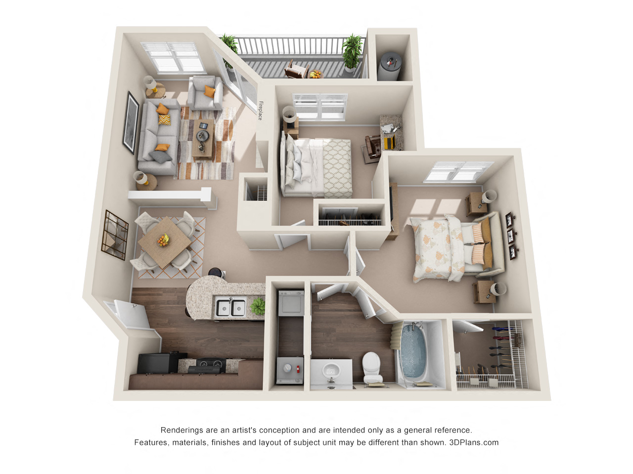 Floor plan for 2 beds, 1 bath, 977 sqft