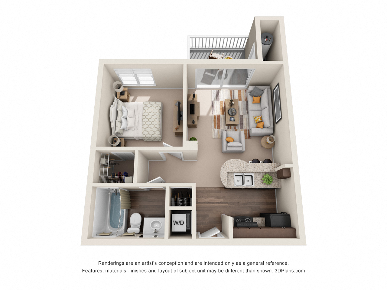 Floor plan for 1 bed, 1 bath, 588 sqft