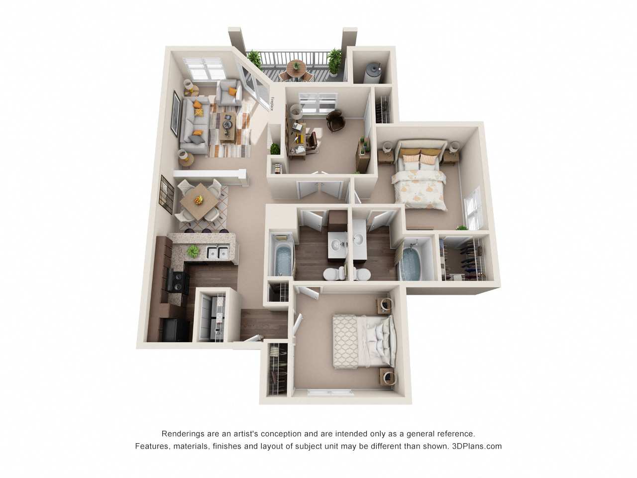 Floor plan for 3 beds, 2 baths, 1282 sqft