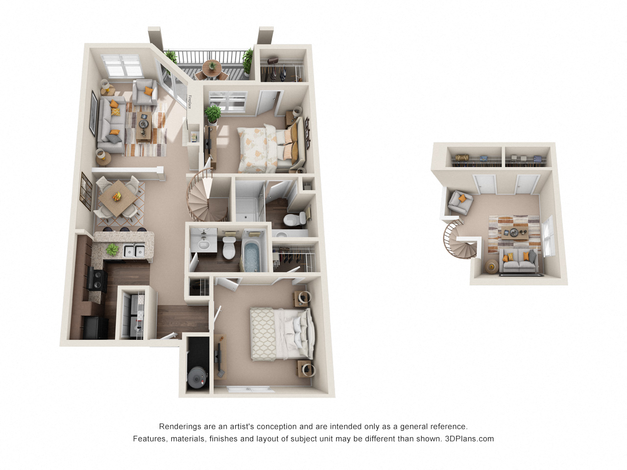Floor plan for 2 beds, 2 baths, 1290 sqft