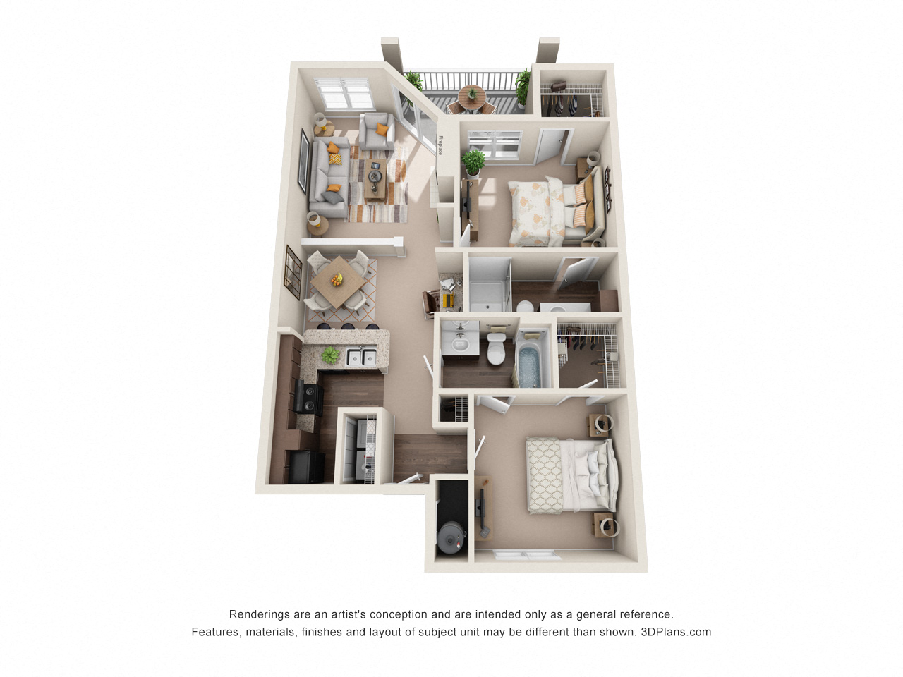 Floor plan for 2 beds, 2 baths, 1099 sqft