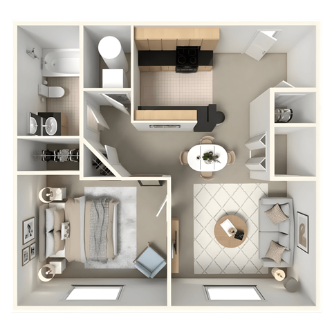 Floor plan for 1 bed, 1 bath, 752 sqft