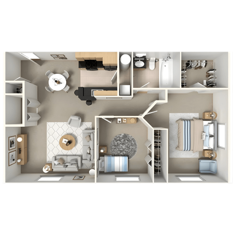Floor plan for 1 bed, 1 bath, 858 sqft