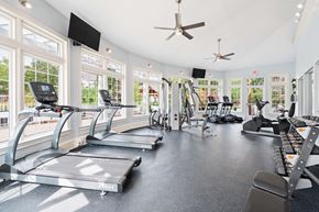 Lexington apartment for rent - A fitness center equipped with cardio machines and weights surrounded by windows at Reserve at Hamburg.