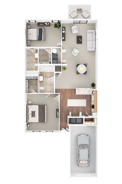 Floor plan for 2 beds, 2 baths, 1070 sqft