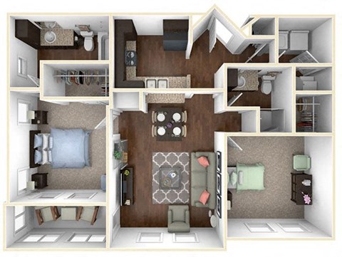 Floor plan for 2 beds, 2 baths, 962 sqft