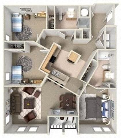 Floor plan for 3 beds, 2 baths, 1272 sqft