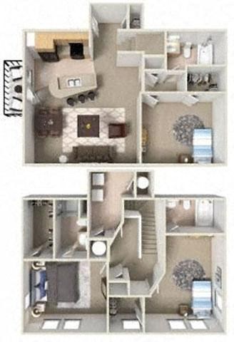 Floor plan for 3 beds, 3 baths, 1406 sqft