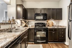 Indianapolis apartment for rent - A kitchen with black cabinets and appliances.