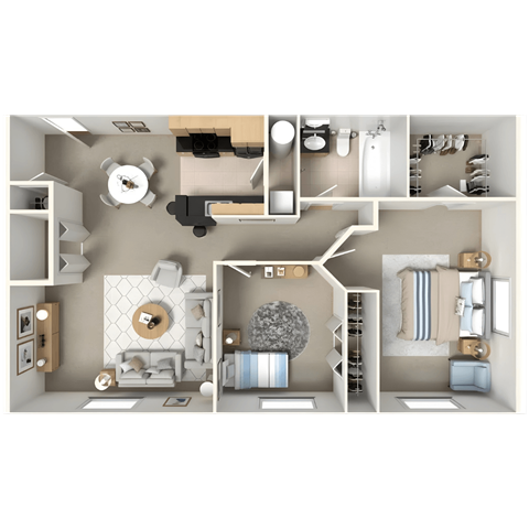 Floor plan for 2 beds, 1 bath, 935 sqft