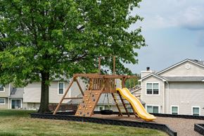 Florence townhouse for rent - A playground with a yellow slide, a large tree, and grass.