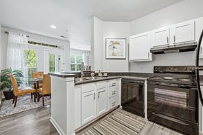 Indianapolis apartment for rent - A modern kitchen with white cabinets and a large island.