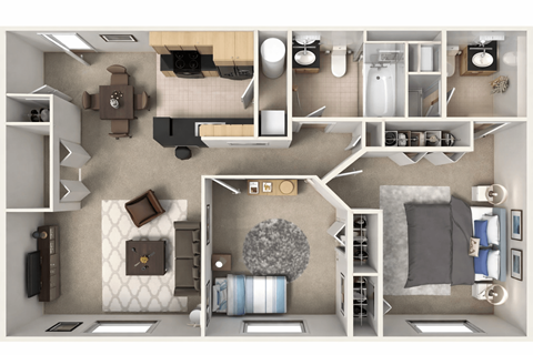 Floor plan for 2 beds, 2 baths, 922 sqft