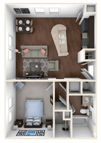 Floor plan for 1 bed, 1 bath, 668 sqft