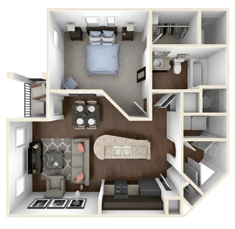 Floor plan for 1 bed, 1 bath, 743 sqft