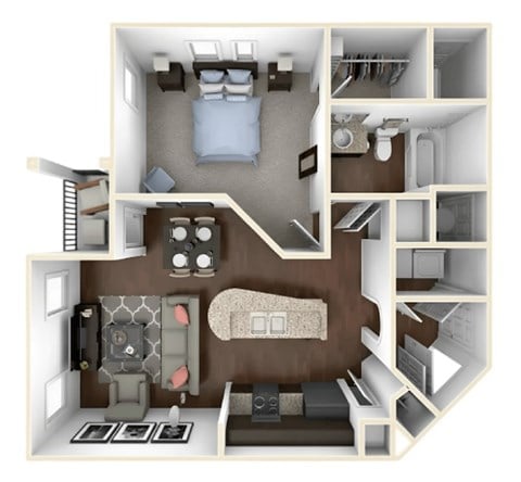 Floor plan for 1 bed, 1 bath, 685 sqft