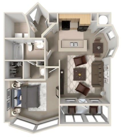 Floor plan for 1 bed, 1 bath, 734 sqft