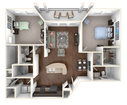 Floor plan for 2 beds, 2 baths, 939 sqft