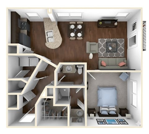 Floor plan for 1 bed, 1 bath, 735 sqft