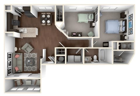 Floor plan for 2 beds, 1 bath, 899 sqft