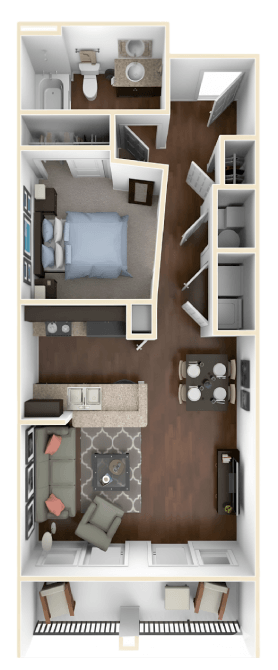 Floor plan for 1 bed, 1 bath, 648 sqft