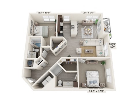 Floor plan for 2 beds, 2 baths, 1102 sqft