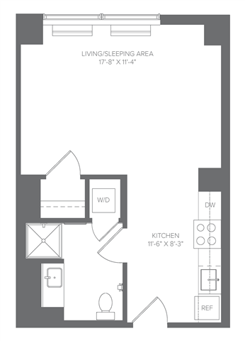 Floor plan for studio, 1 bath, 439 sqft