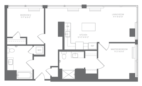 Floor plan for 2 beds, 2 baths, 889 sqft