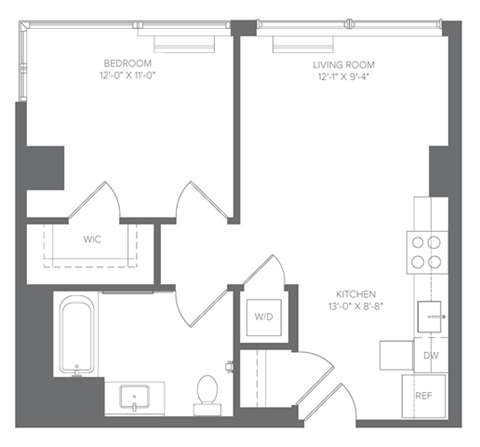 Floor plan for 1 bed, 1 bath, 537 sqft