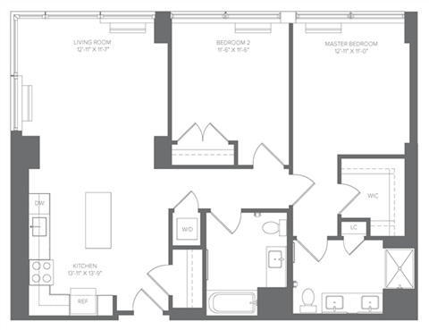 Floor plan for 2 beds, 2 baths, 1075 sqft