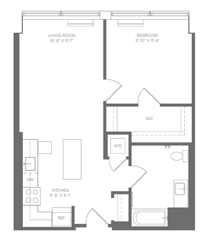 Floor plan for 1 bed, 1 bath, 669 sqft