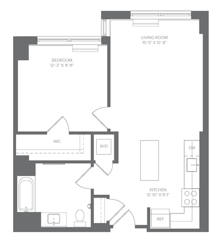 Floor plan for 1 bed, 1 bath, 670 sqft