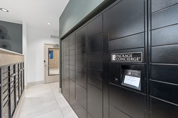 Indoor mailroom with package lockers